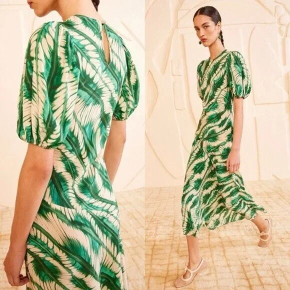 Ulla Johnson Ines Acacia Green Puff Sleeve Printed Silk Midi Dress Size 0 - Picture 2 of 12